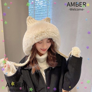 Amber หมวกบีนนี่ ผ้าถักโครเชต์ แต่งหูแมวน่ารัก แฟชั่นสําหรับผู้หญิง