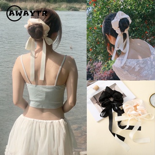 Awaytr ใหม่ ริบบิ้นผ้าซาติน สีพื้น โบว์ สําหรับผู้หญิง ขนาดใหญ่ ยางรัดผม เครื่องประดับผม