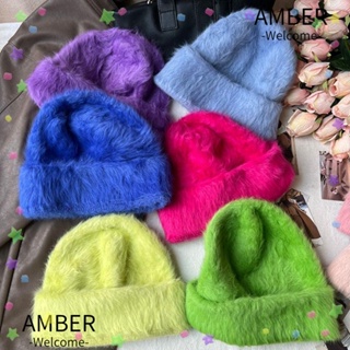 Amber หมวกถักไหมพรม แต่งขนกระต่าย ให้ความอบอุ่น ป้องกันหู สีพื้น แฟชั่นฤดูหนาว สําหรับผู้หญิง Y2k