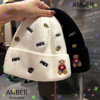 Amber หมวกบีนนี่ ผ้าวูลถัก ป้องกันหู ให้ความอบอุ่น ลายการ์ตูนหมี แฟชั่นฤดูหนาว สําหรับผู้หญิง