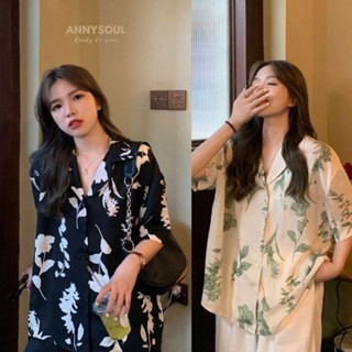 พร้อมส่ง เสื้อเชิ้ตคอกระดุมแฟชั่น เสื้อเชิ้ตคอปกลายดอกไม้สีธรรมชาติ