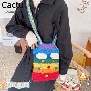 Cactu กระเป๋าสะพายไหล่ กระเป๋าถือ ผ้าถัก สีรุ้ง แฮนด์เมด ใช้ซ้ําได้ ใส่เหรียญได้ กลางแจ้ง สําหรับสตรี