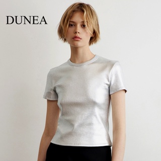 Dunea เสื้อยืดแขนสั้นลําลอง สีโลหะ สําหรับผู้หญิง