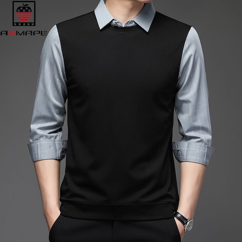 spot-high-quality-fake-two-shirts-mens-long-sleeved-t-shirts-autumn-fashion-business-leisure-2023-new-polo-shirt-korean-version-bottomed-shirt-polo-collar-shirt-boys-wear