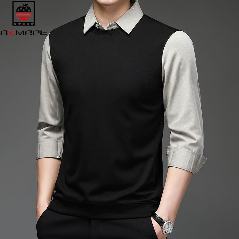 spot-high-quality-fake-two-shirts-mens-long-sleeved-t-shirts-autumn-fashion-business-leisure-2023-new-polo-shirt-korean-version-bottomed-shirt-polo-collar-shirt-boys-wear