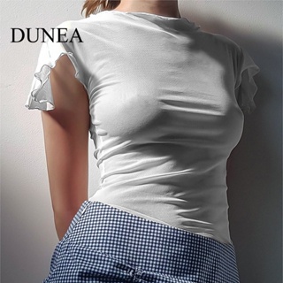 Dunea เสื้อยืดซีทรู แขนสั้น ลําลอง ผ้าตาข่าย แต่งระบาย สําหรับผู้หญิง