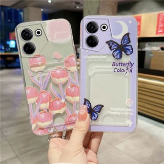 เคสโทรศัพท์มือถือ ซิลิโคนนิ่ม TPU ลายดอกทิวลิป ผีเสื้อ พร้อมกระเป๋าใส่บัตร สําหรับ TECNO Camon 20 Pro 20 Premier 5G 4G POVA 5 Pro 2023 TECNO Camon20Pro POVA5