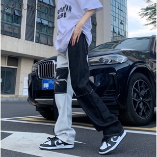 DaDuHey🔥 Mens 2023 Fashionable All-Match Slim-Fit Ripped Casual Pants American-Style Retro High Street Black and White Stitching Contrast Color Jeans