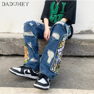 DaDuHey🔥 2023 New Fashion Brand Fashion Straight Loose Casual Pants Mens American Retro High Street All-Matching Wide Leg Ripped Jeans