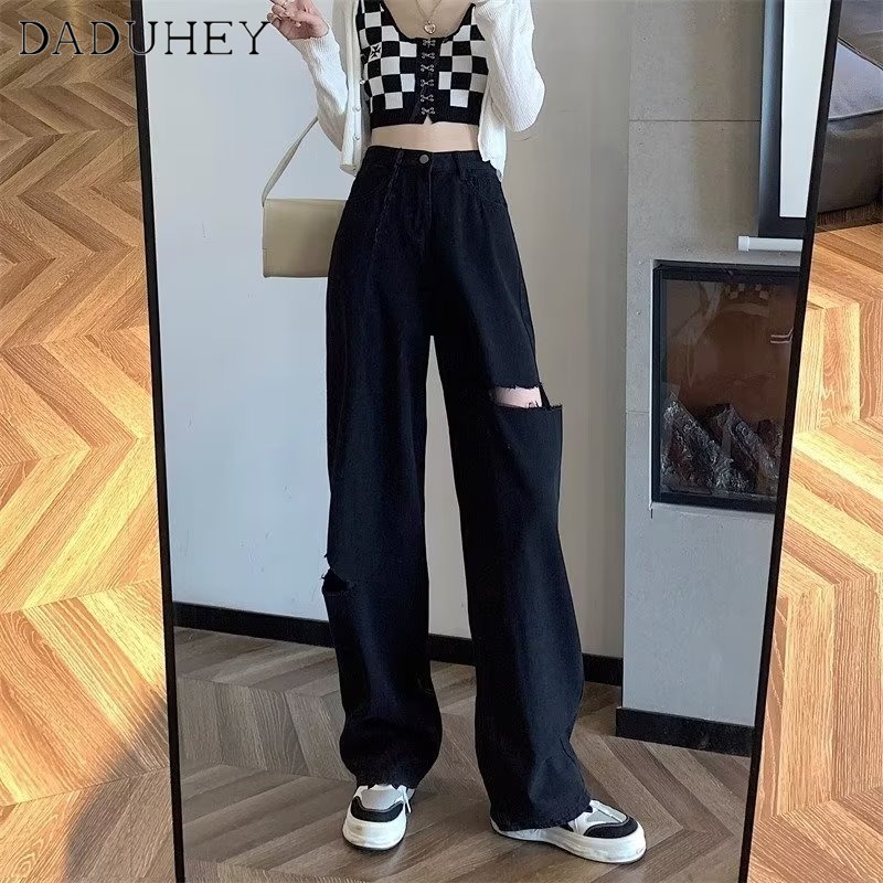 daduhey-women-new-korean-style-retro-ins-high-street-hip-hop-hole-jeans-niche-high-waist-wide-leg-plus-size-pants