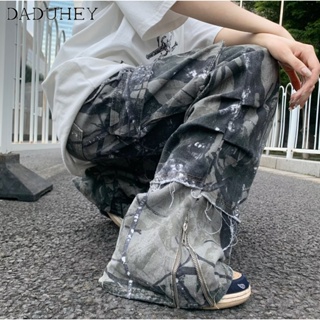 DaDuHey🔥 American Retro Fashion Brand Fashion Straight Loose Ripped Jeans Mens 2023 New High Street All-Matching Wide Leg Camouflage Workwear Jeans