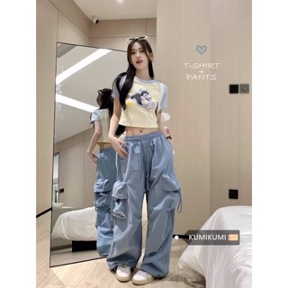 ใหม่ กางเกงลําลอง ขากว้าง ทรงหลวม ลายการ์ตูน สีฟ้า สําหรับผู้หญิง