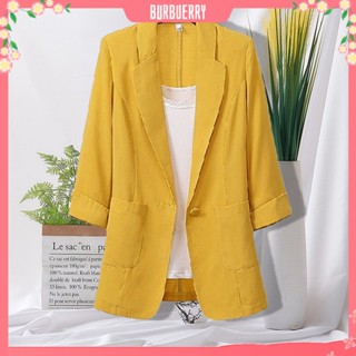 [ Burbuerry] เสื้อแจ็กเก็ตสูท แขนสามส่วน สีพื้น พลัสไซซ์ พร้อมกระเป๋า สําหรับผู้หญิง ใส่ทํางาน และเดินทาง