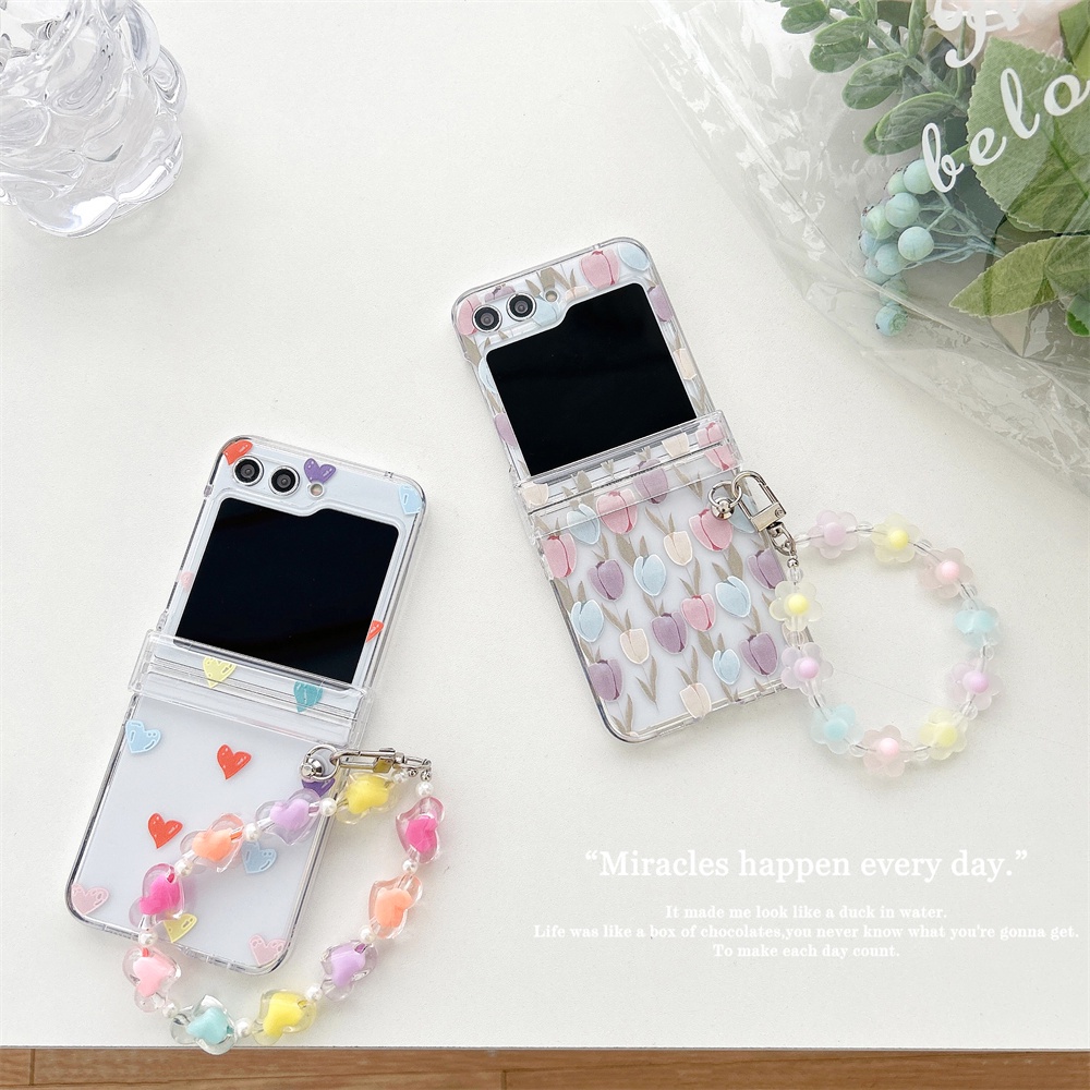 เคสโทรศัพท์มือถือ-แบบใส-ฝาพับ-ลายลูกไม้-พร้อมสายโซ่คล้อง-สําหรับ-samsung-galaxy-z-flip-5-z-flip5-flip-z-5