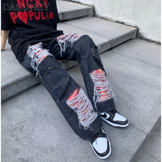 DaDuHey🔥 Mens 2023 New American Retro High Street All-Matching Wide Leg Jeans Fashion Brand Fashion Straight Loose Ripped Jeans