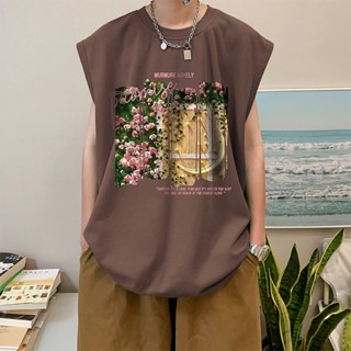 เสื้อยืดแขนกุด ผ้าฝ้ายแท้ ทรงหลวม พิมพ์ลาย สไตล์อเมริกัน แฟชั่นสําหรับชาย และหญิง