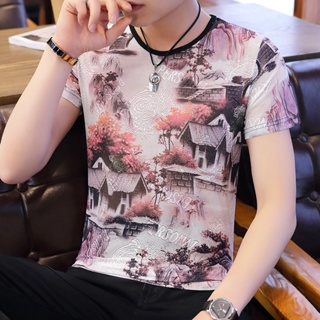 Spot high CP value] ice silk t-shirt mens summer hollowed-out Tee mesh short-sleeved T mens wear large-size jacket ice-feeling bottomed shirt boys wear