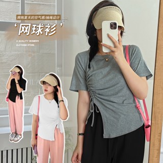 เสื้อยืดแขนสั้น คอกลม แบบผูกเชือก ขนาดเล็ก ขนาดใหญ่ ไซซ์ XL - 5XL แฟชั่นฤดูร้อน สไตล์อเมริกัน สําหรับผู้หญิง