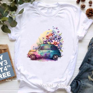 เสื้อยืดลําลอง แขนสั้น พิมพ์ลายรถยนต์ รถบรรทุก ดอกไม้ สีน้ํา สีขาว แฟชั่นฤดูร้อน สําหรับเด็กผู้หญิง