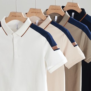 เสื้อโปโลแขนสั้น แบบบาง เข้ารูป ระบายอากาศได้ดี สีคอนทราสต์ แบบเรียบง่าย สําหรับผู้ชาย