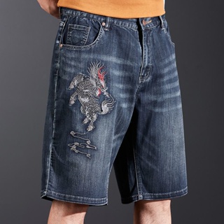 Spot 28-44 yards] oversized jeans shorts mens Chinese style embroidered denim shorts summer thin denim shorts loose wide legs plus size pants stretch pants