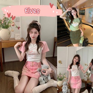 Elves✨พร้อมส่ง✨ เสื้อครอปท็อปไหมพรม คอกลมพิมพ์ลายกระต่าย ~58067-7~ -C