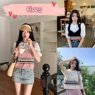 Elves✨พร้อมส่ง✨  เสื้อไหมพรมแขนสั้นเกาหลี ชุด 2ชั้นติดกันสีสันสดใส~47241~ -C