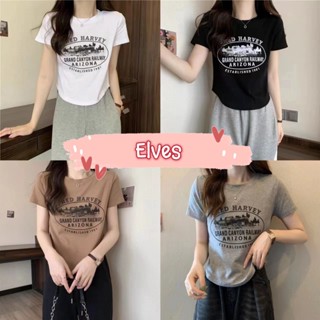 Elves✨พร้อมส่ง✨ เสื้อครอปแขนสั้น คอกลม ผ้าไหมพรม ลายอักษรหน้าผ้า สีพื้น ~M2905-2~ -C