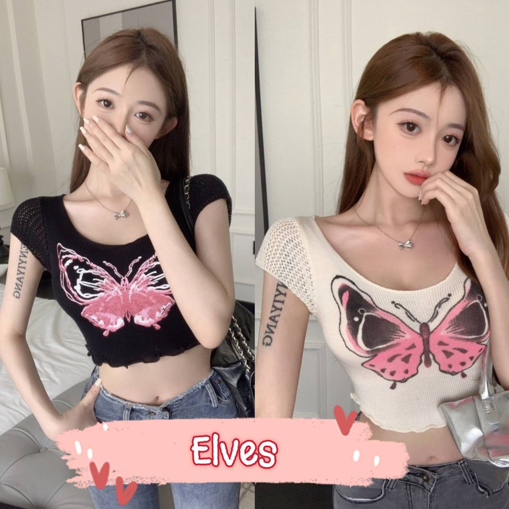 elves-พร้อมส่ง-เสื้อครอปคอกลม-ไหมพรมแขนสั้น-ดีเทลขอบระบาย-9080-c