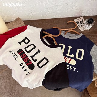 เสื้อยืดแขนยาวผ้าฝ้ายแท้สำหรับเด็ก     ฤดูใบไม้ผลิและฤดูใบไม้ร่วงใหม่ด้านบนตัวอักษรสีตัดกันสไตล์เกาหลีเสื้อด้านล่าง