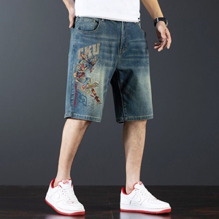 Spot high quality] 28-44 yards] extra-large size jeans mens 2023 new Chao brand embroidered denim shorts loose wide-legged large-size pants stretch five-point pants summer thin suit shorts