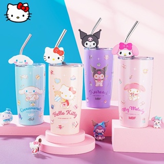 Sanrio Kawaii Sippy Cup ตุ๊กตาฟิกเกอร์การ์ตูน Hello Kitty Kuromi ฉนวนกันความร้อน 450 มล. สําหรับเด็กผู้หญิง