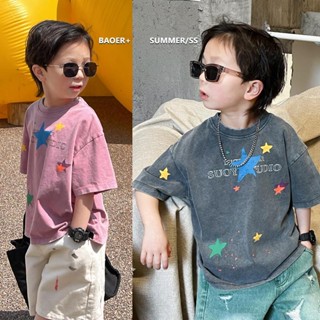 พร้อมส่ง ลดกระหน่ํา ชุดเสื้อแขนสั้น กางเกงยีนขาสั้น พิมพ์ลายดาว ไม่ซ้ําใคร สไตล์เกาหลี ญี่ปุ่น เรโทร แฟชั่นฤดูร้อน สําหรับเด็กผู้ชาย 2023