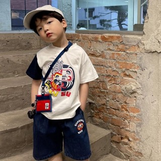 พร้อมส่ง ขายดี ชุดเสื้อแขนสั้น กางเกงขาสั้น พิมพ์ลายการ์ตูน ทรงหลวม สไตล์เกาหลี ญี่ปุ่น สําหรับเด็กผู้ชาย