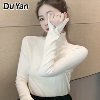 Du Yan เสื้อยืดแขนยาว คอสูง เข้ารูป แฟชั่นฤดูใบไม้ร่วง และฤดูหนาว สไตล์เกาหลี สําหรับผู้หญิง