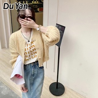 Du Yan เสื้อกันหนาวคาร์ดิแกน ผ้าถัก หนา ขนาดเล็ก สีแคนดี้ สไตล์เกาหลี