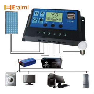 Eralml แผงควบคุมการเก็บประจุแบตเตอรี่ พลังงานแสงอาทิตย์ 30a 12v 24v จอ Lcd อัตโนมัติ Dual Usb