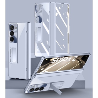 เคสโทรศัพท์มือถือ PC แข็ง ชุบไฟฟ้า แบบพับได้ พร้อมกระจกนิรภัย สําหรับ Samsung Galaxy Z Fold 5