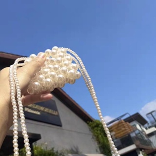 Hot Sale# finished product elegant ins empty woven portable white retro mobile phone pearl bag handmade crossbody Pearl backpack 8.18Li