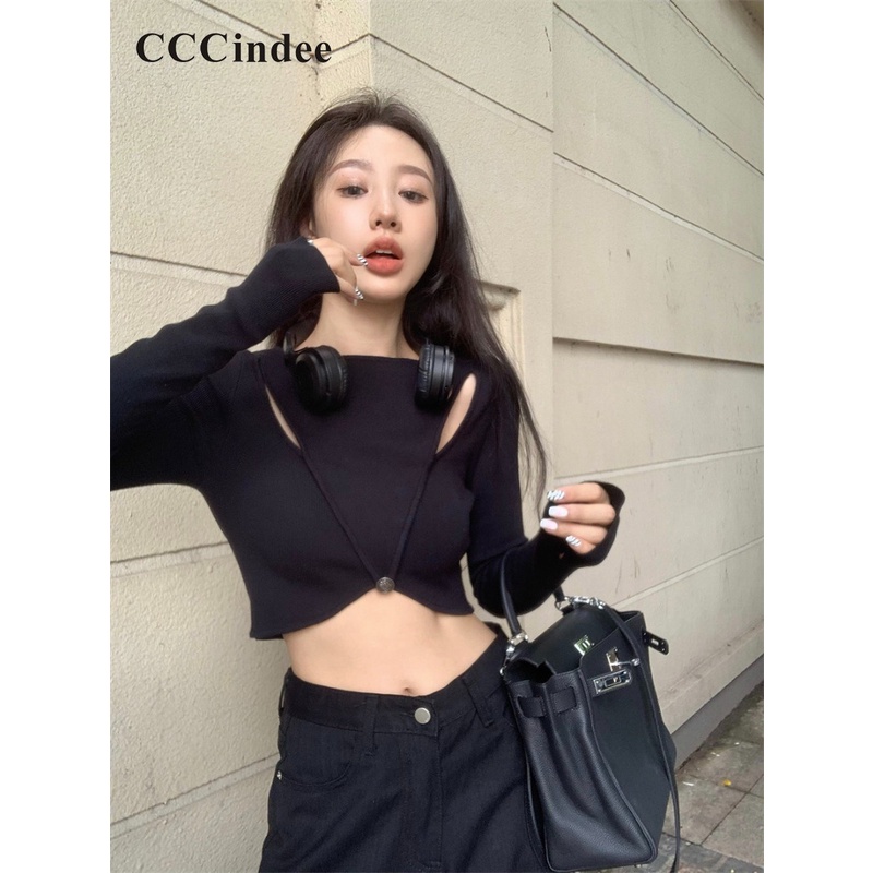 cccindee-ใหม่-เสื้อครอปแขนยาว-คอกลม-ผ้าถัก-ฉลุลาย-เซ็กซี่-สีพื้น-แฟชั่นสําหรับสตรี-2023