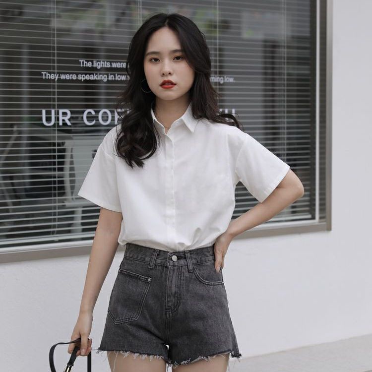 เสื้อเชิ้ตแขนสั้นลําลอง-แบบบาง-สีขาว-เข้ากับทุกการแต่งกาย-สไตล์ฮ่องกงเรโทร-แฟชั่นฤดูร้อน-สําหรับผู้หญิง-2023