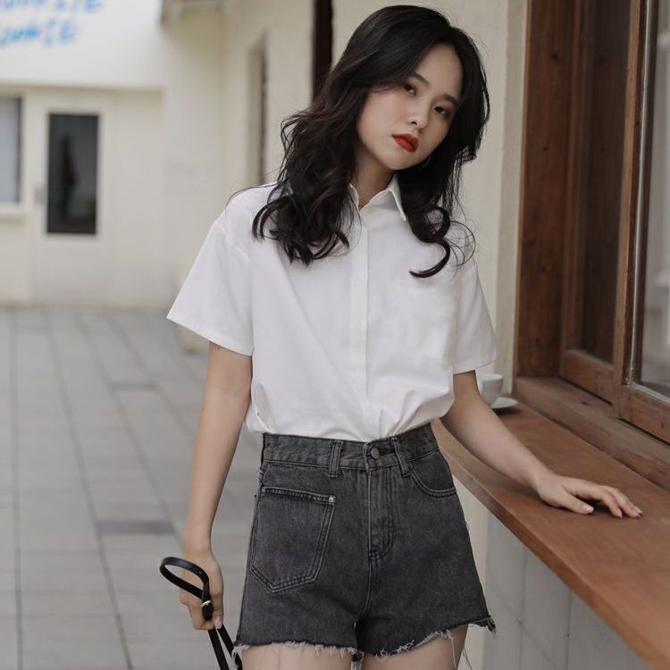 เสื้อเชิ้ตแขนสั้นลําลอง-แบบบาง-สีขาว-เข้ากับทุกการแต่งกาย-สไตล์ฮ่องกงเรโทร-แฟชั่นฤดูร้อน-สําหรับผู้หญิง-2023