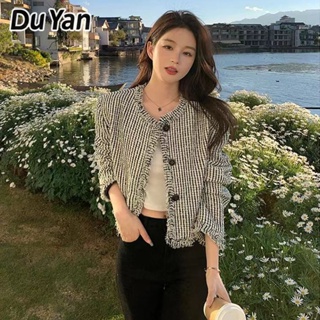 Du Yan 2023 เสื้อท็อปสั้น ลายสก๊อต สีดํา สไตล์เกาหลี ฝรั่งเศส เหมาะกับฤดูใบไม้ร่วง ฤดูหนาว สําหรับผู้หญิง