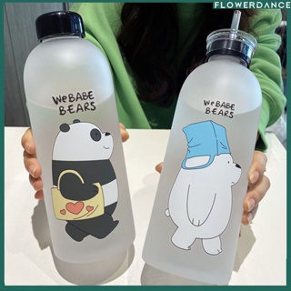 1000ml ขวดน้ำขนาดใหญ่พร้อมฟางหมีแพนด้าน่ารักถ้วยใสการ์ตูน Frosted ถ้วยดื่มป้องกันการรั่ว Kawaii สำนักงานถ้วยเดินทางดอกไม้