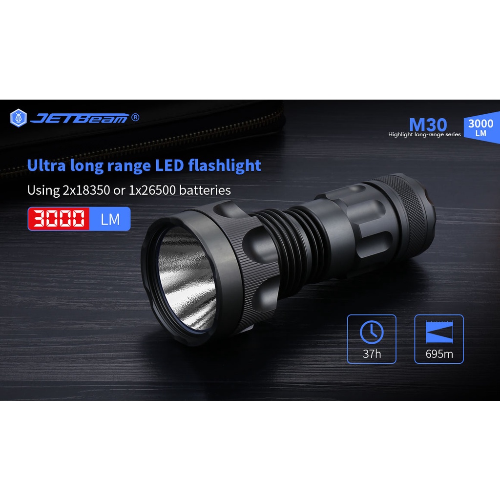 jetbeam-m30-ไฟฉาย-led-3000-ลูเมน-ระยะไกลมาก-695-เมตร-ชาร์จ-usb-พร้อมแบตเตอรี่