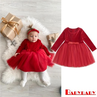 Babybaby- เด็กสาว กํามะหยี่ คริสต์มาส เสื้อผ้า สีพื้น ชั้น Tulle ชุดเดรส แขนยาว