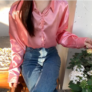 [8 สี] ฤดูใบไม้ร่วง ลําลอง สีพื้น ผ้าซาติน มินิมอล หลวม แขนยาว เสื้อผู้หญิง สีพื้น เรียบง่าย คอปก ธุรกิจ เสื้อผู้หญิง