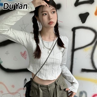 Du Yan เสื้อยืดแขนยาว พิมพ์ลายก้างปลา เซ็กซี่ สําหรับผู้หญิง