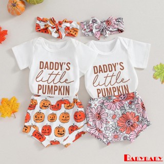 Babybaby- ชุดรอมเปอร์ แขนสั้น พิมพ์ลายตัวอักษร + กางเกงขาสั้น พิมพ์ลาย + ที่คาดผม สําหรับเด็กผู้หญิง