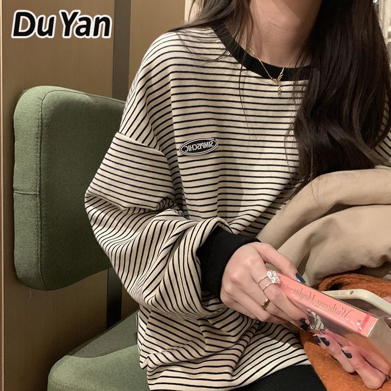 du-yan-เสื้อกันหนาวแขนยาว-คอกลม-ลายทาง-สไตล์เกาหลี-แฟชั่นฤดูใบไม้ร่วง-สําหรับผู้หญิง